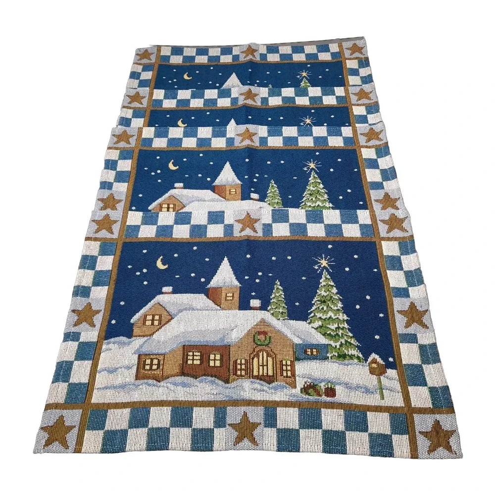 4 Christmas Tapestry Placemats Church Winter Moon Stars Country Cottagecore 90s
